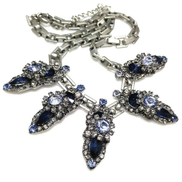 Vintage Blue Five Pendant Floral Statement Necklace, Rivoli Rhinestones, 20 Inch - Picture 2 of 8